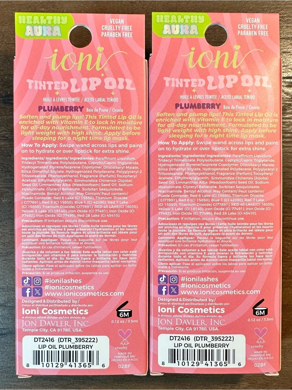 Ioni 2pk HEALTHY AURA Tinted Lip Oil ~PLUMBERRY~ Hyaluronic Acid Niacinamide NIB